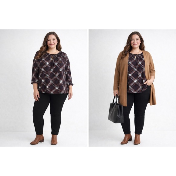 Maurices Tops - Maurices Women 3X Brown Plaid Smocked Yoke Ruffle Neck Long Sleeve Blouse Top